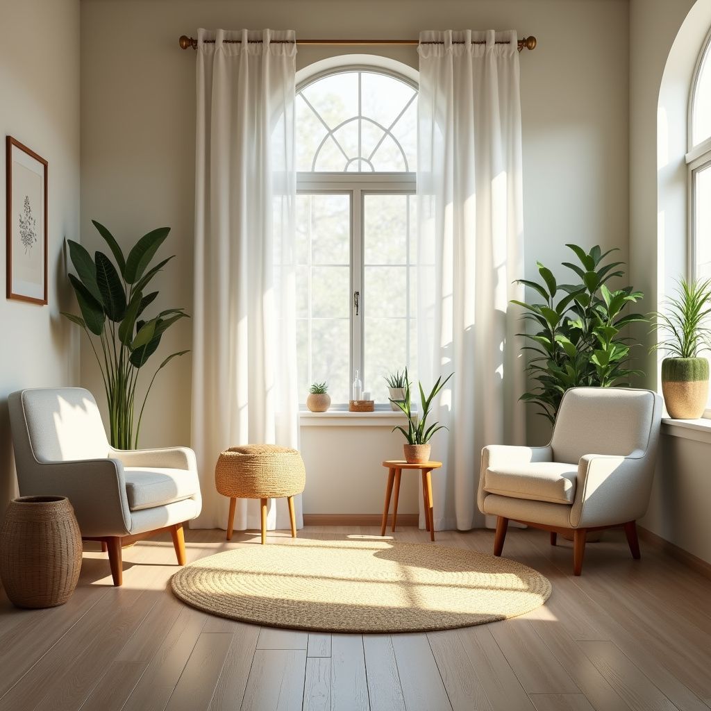 Bright living room with two armchairs, plants, arched window, and wooden floor.