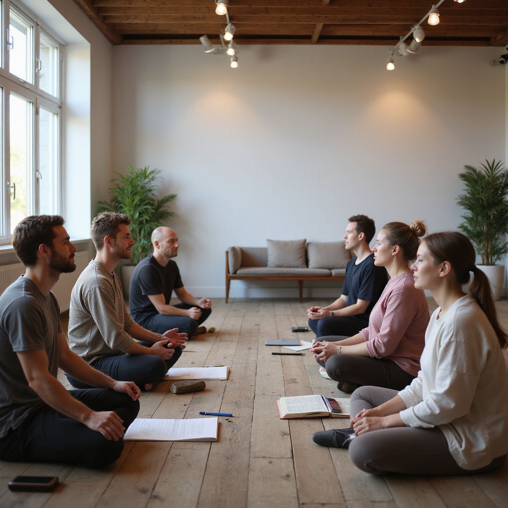 People sitting in a circle, meditating in a light-filled room.