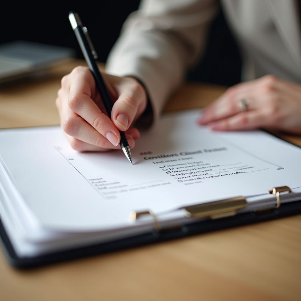 Person's hand writing with a pen on a document in a clipboard; on a wooden desk.
