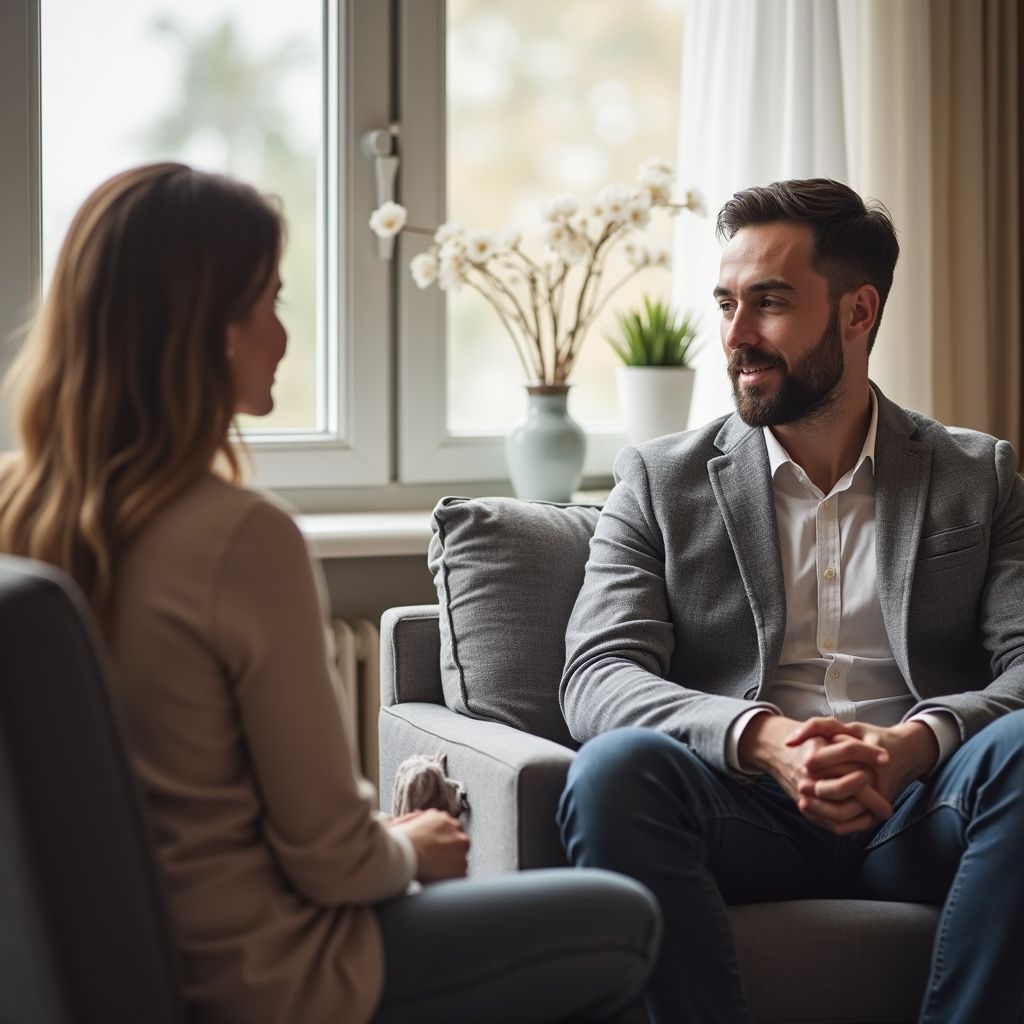 A therapist and patient in a counseling session, seated in a room.