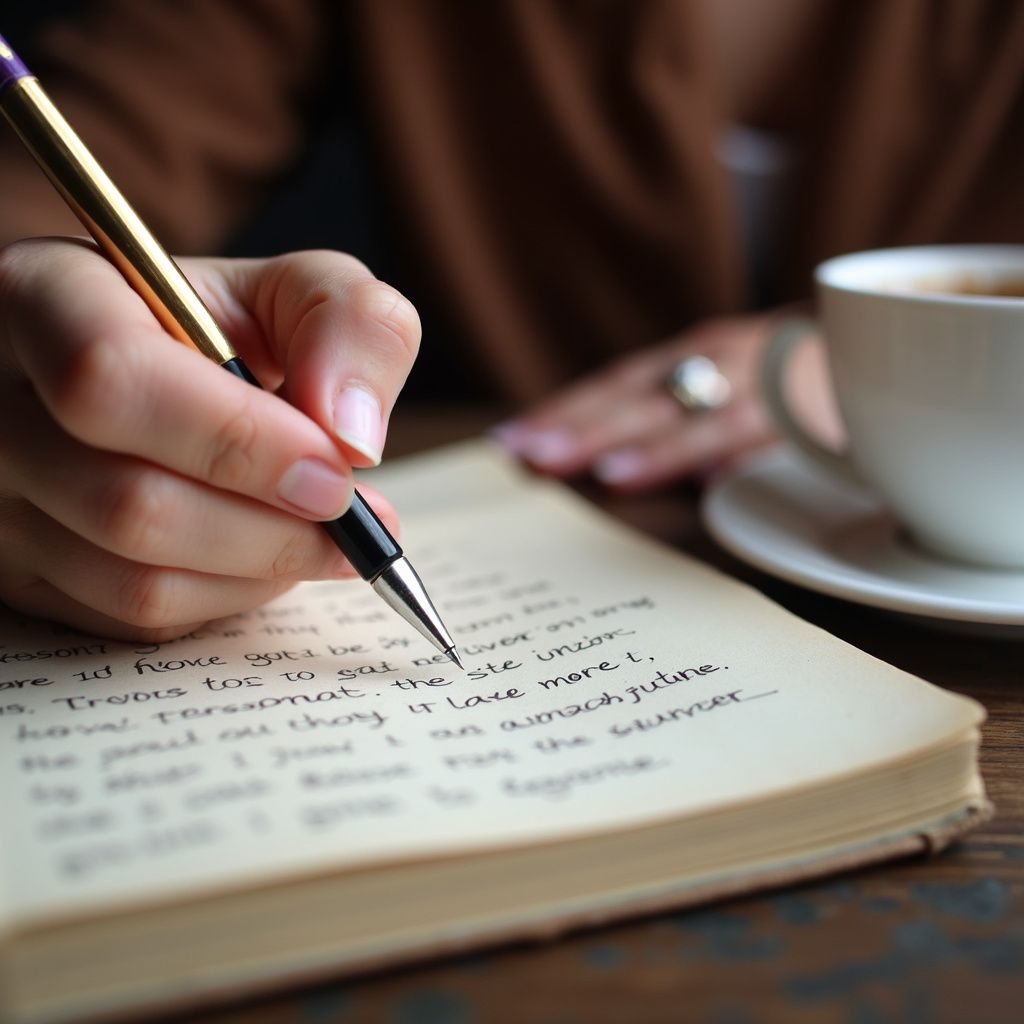 Person's hand writing in a notebook with a pen, coffee cup nearby on a wooden table.