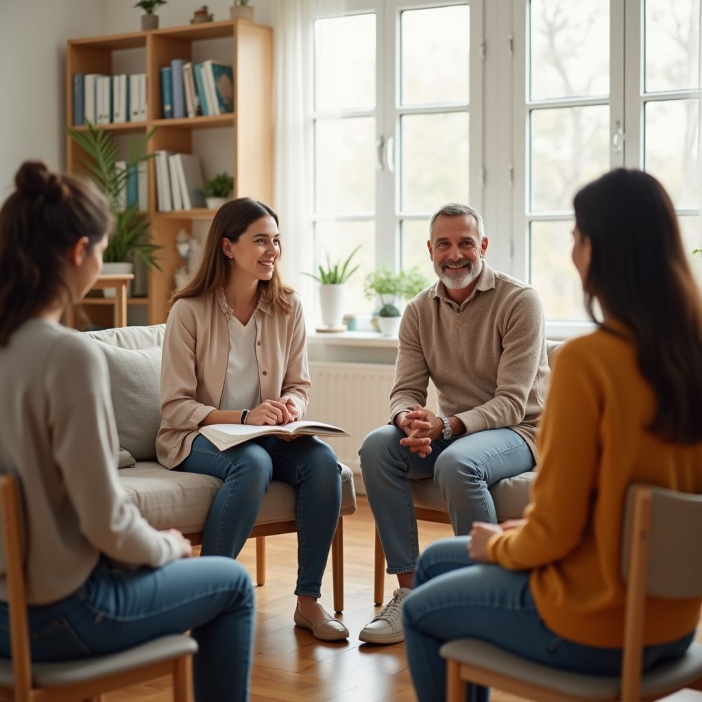 Four people in chairs, possibly a therapy session. Smiling, neutral expressions, a light-filled room.