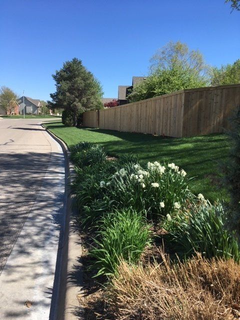 Lawn and flower bed border a street, alongside a wooden fence, on a sunny day.