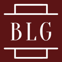 A white logo on a red background that says blg