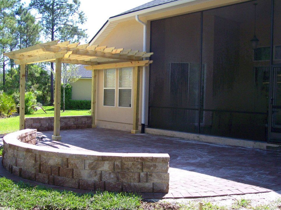 paver patio, patio construction, Patio install, patio installation, pergola, sitting wall, stone wall