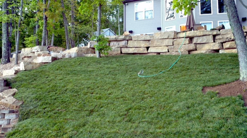 Green lawn slopes down from a retaining wall toward the viewer, a house in the background. A green hose is visible.
