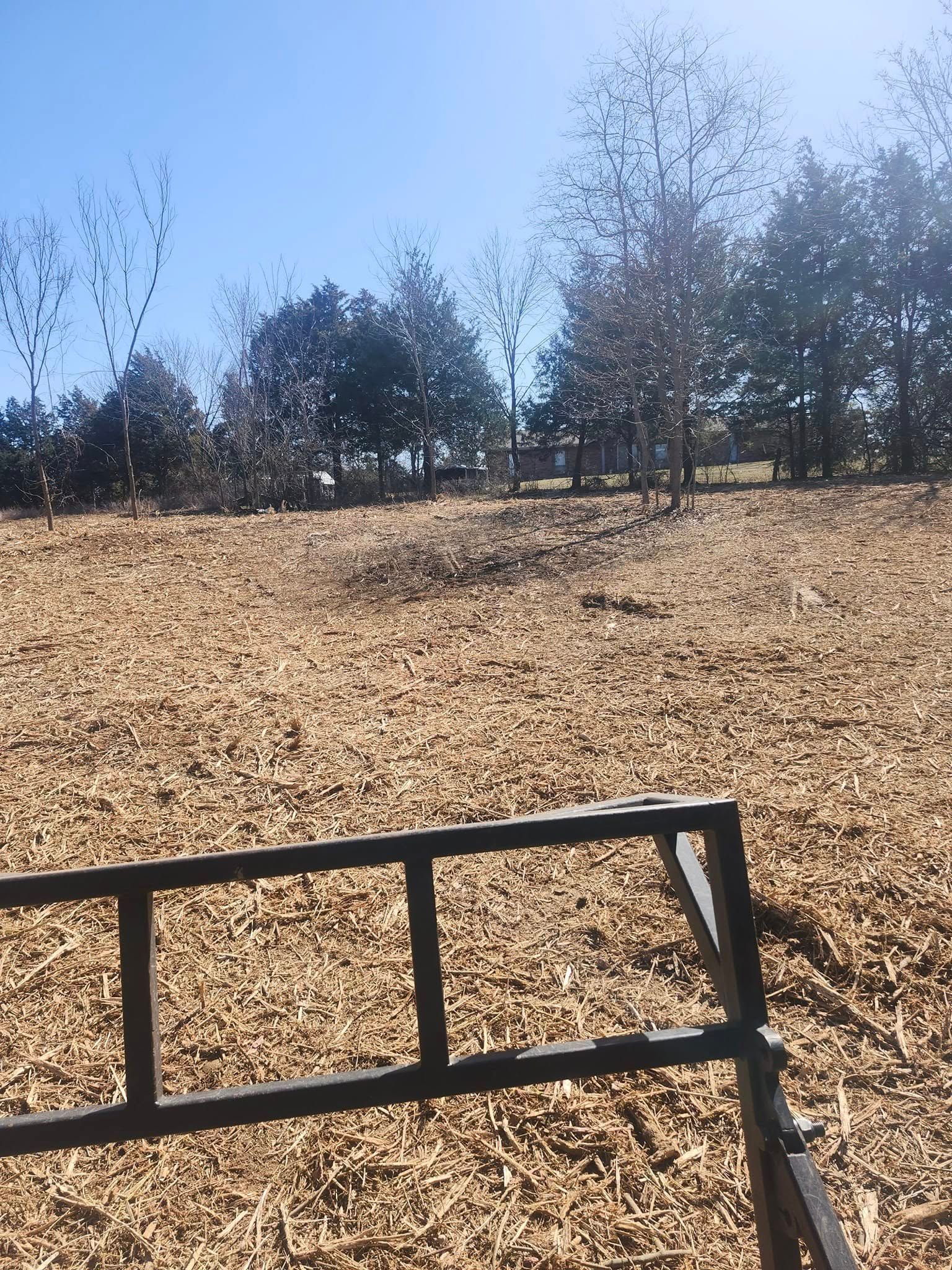 A metal frame sits on a hillside covered in wood chips, with trees and a blue sky in the background.