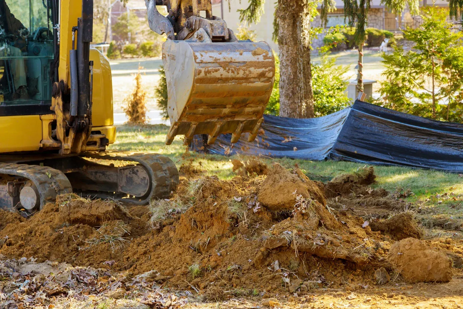 Yellow excavator digging in a yard, moving dirt.  Black tarp and trees in the background.