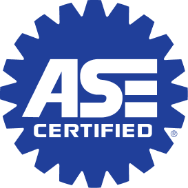 Blue gear-shaped logo with white 