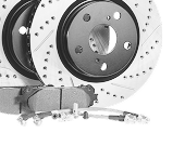 Brake rotors, pads, and lines; automotive parts against white background.