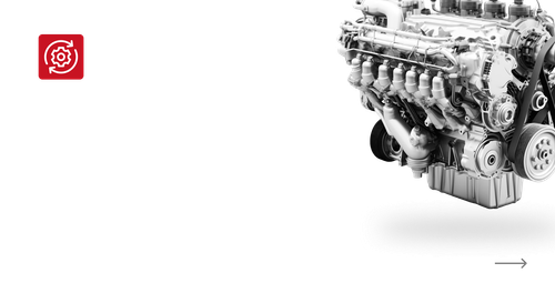 Red gear icon next to a detailed grayscale engine.