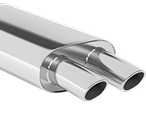 Chrome-finished car exhaust muffler with two oval tailpipes.