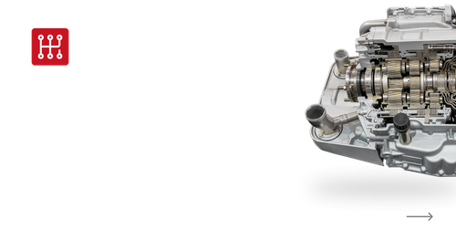 Red icon of a manual transmission next to a cutaway view of an engine.