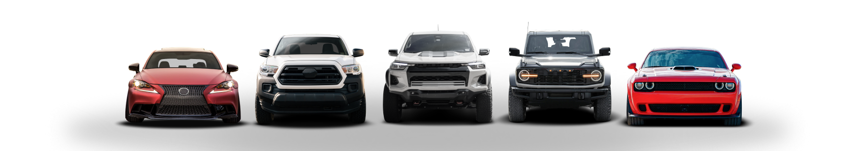 Five cars of different models are lined up in front of a white background. Red, white, and black colors are present.