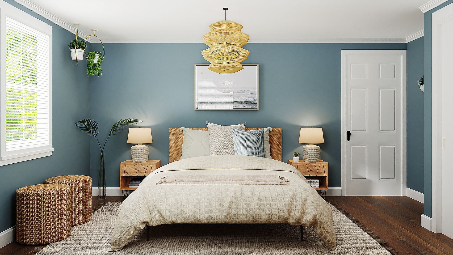 A bedroom with a bed , nightstands , lamps and a rug.