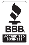 A black and white bbb accredited business logo on a white background.