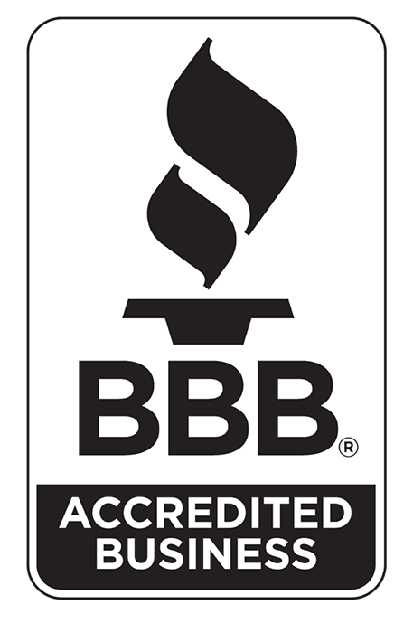 A black and white bbb accredited business logo on a white background.