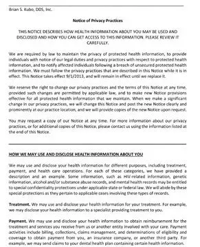 Receipt of Notice of Privacy Practices — Kamuela, HI — Brian S Kubo, DDS, Inc.