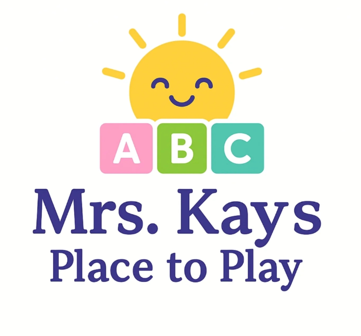 Logo for Mrs. Kays Place to Play: Smiling sun over alphabet blocks; dark blue text on white background.