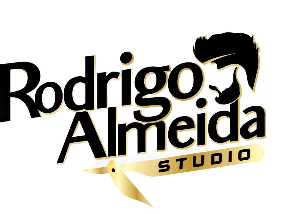 Rodrigo Almeida Studio logo with a man's silhouette and a golden barber's scissor, black and gold colors.