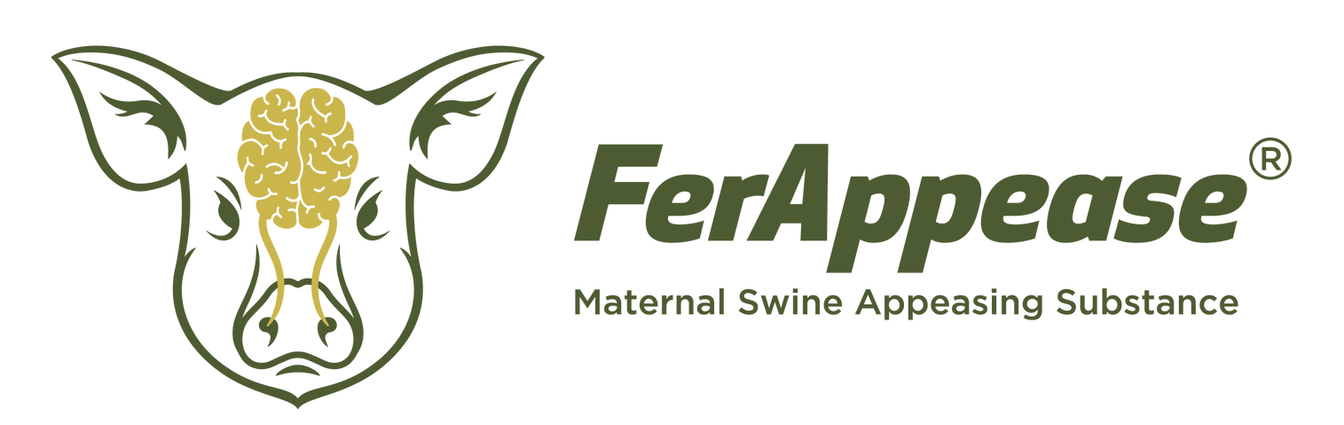 Logo for FerAppease, a maternal swine appeasing substance, featuring a pig head with a brain in the center.