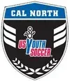 Cal North US Youth Soccer logo: black shield, blue top, white text, soccer player icon, laurel wreath.