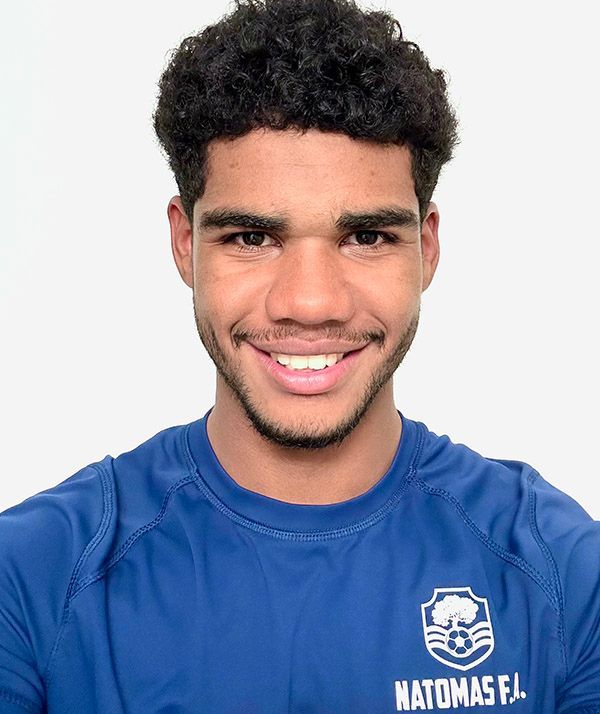 Gray silhouette of a person against a blue backdrop with sports logos.