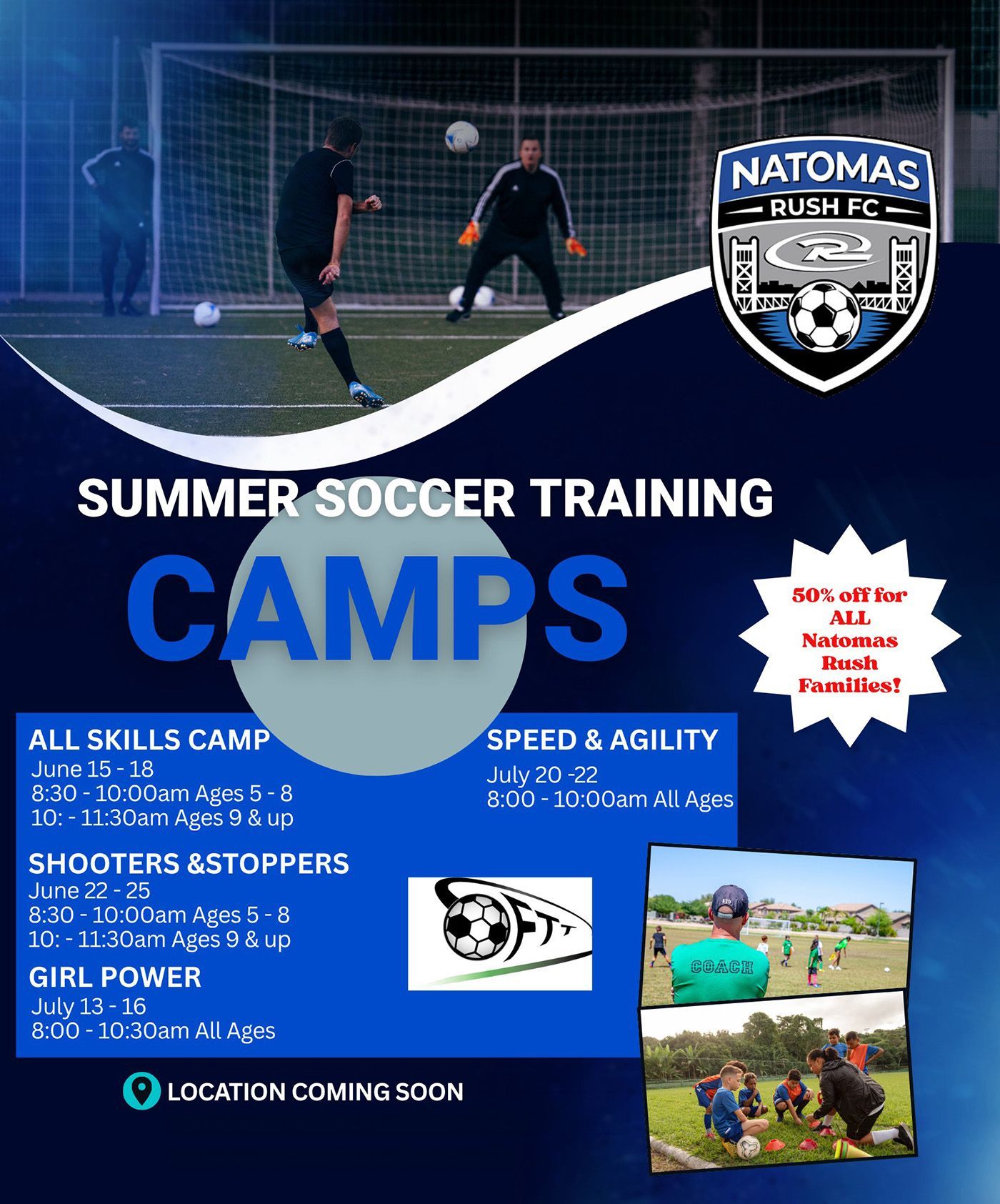 Spring Break soccer camp flyer at Natomas Middle School. March 30th-April 2nd, ages 5-14. Includes pricing and contact information.