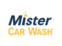 The logo for mister car wash is blue and yellow.