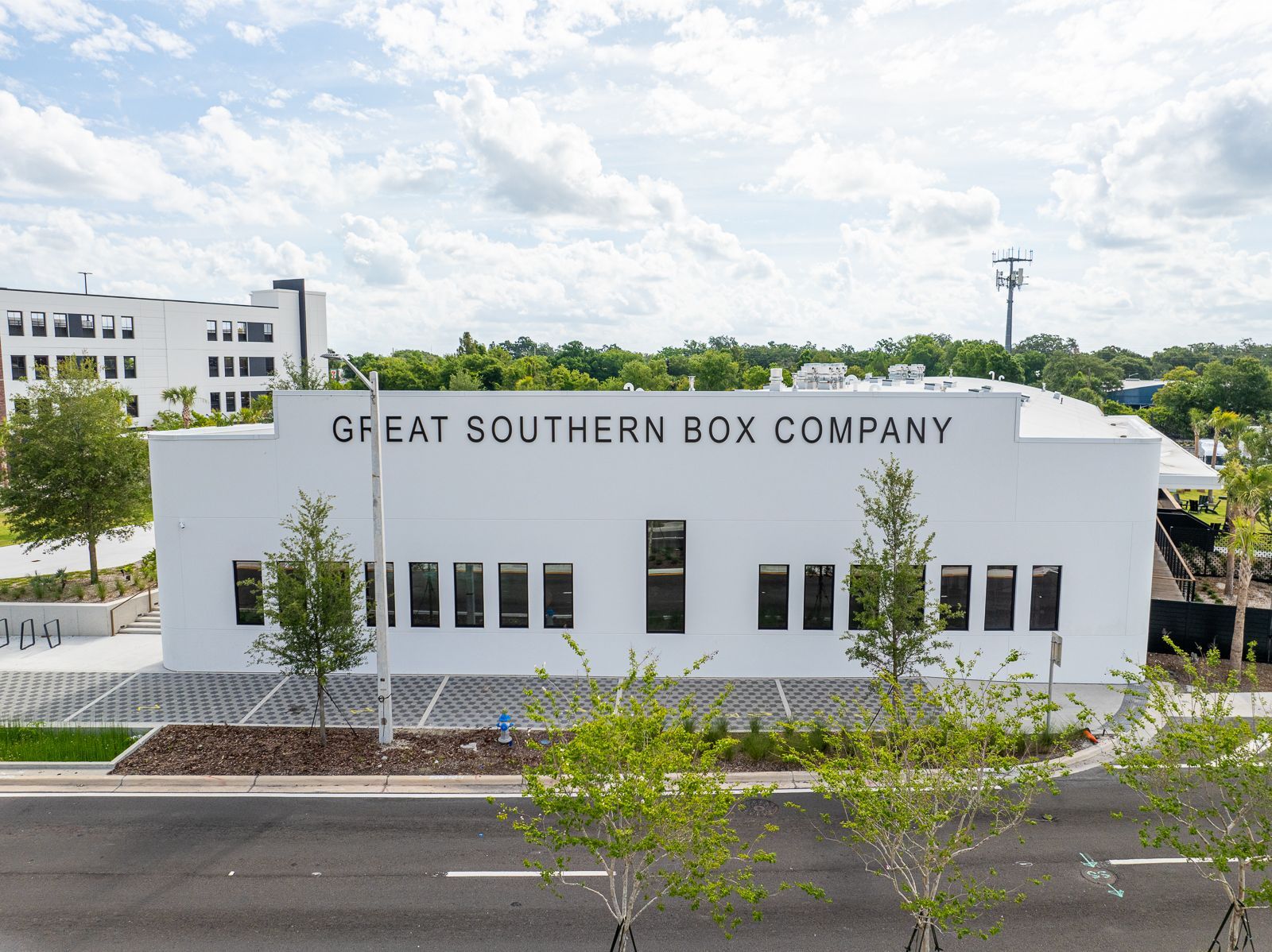 A white building with the words great southern box company on it