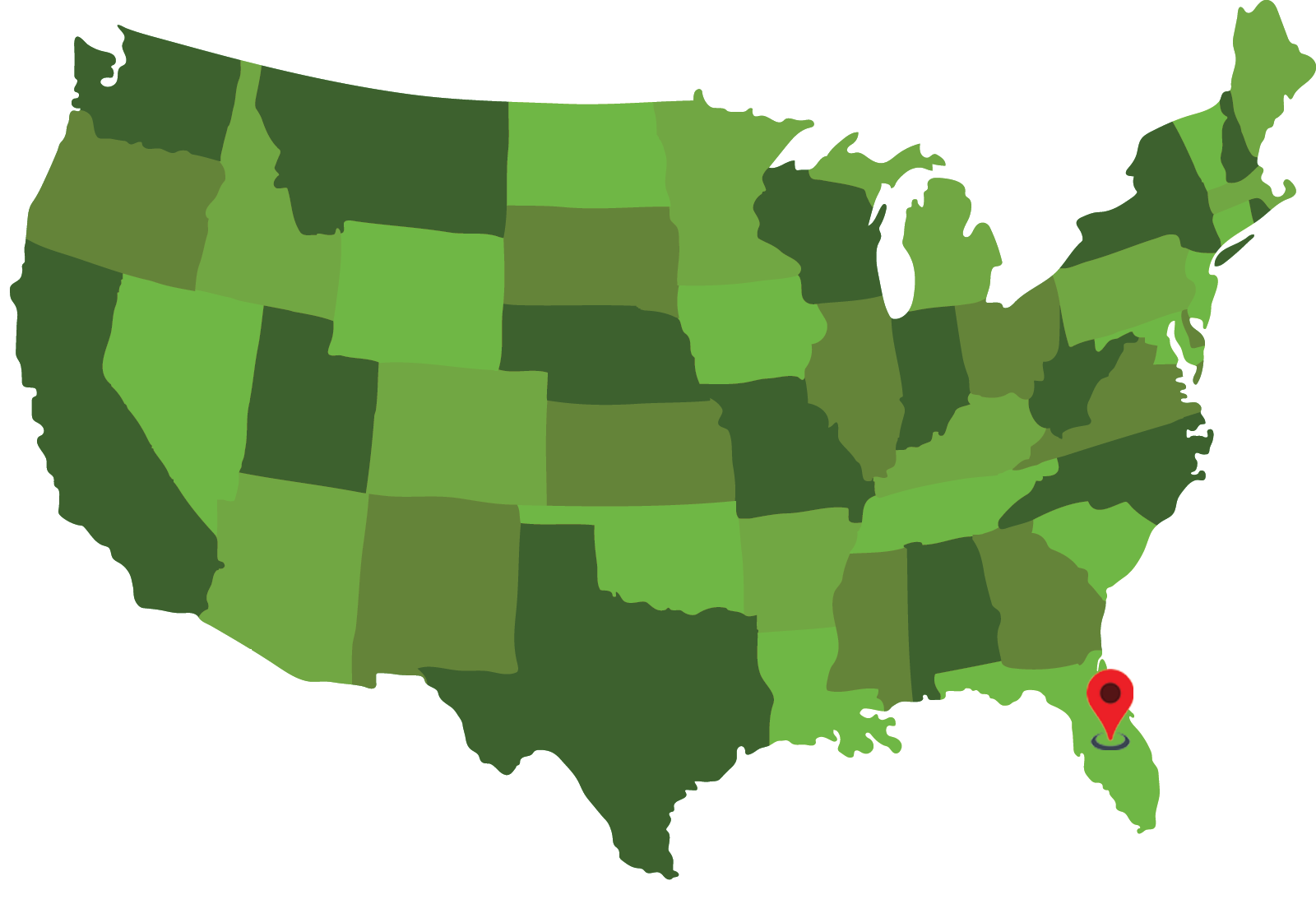 A green map of the united states with a red pin pointing to florida.