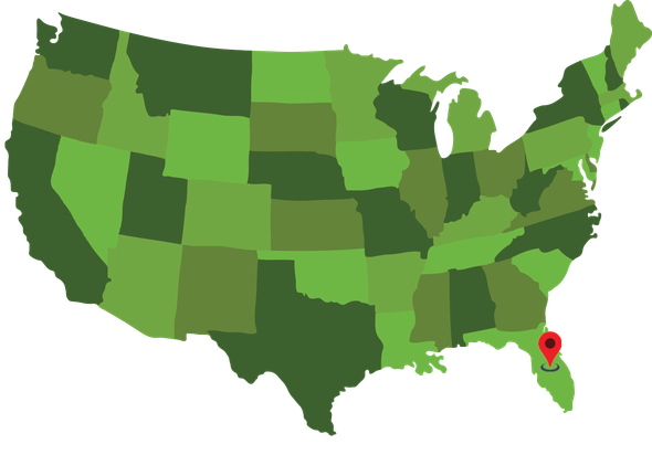 A green map of the united states with a red pin pointing to florida.