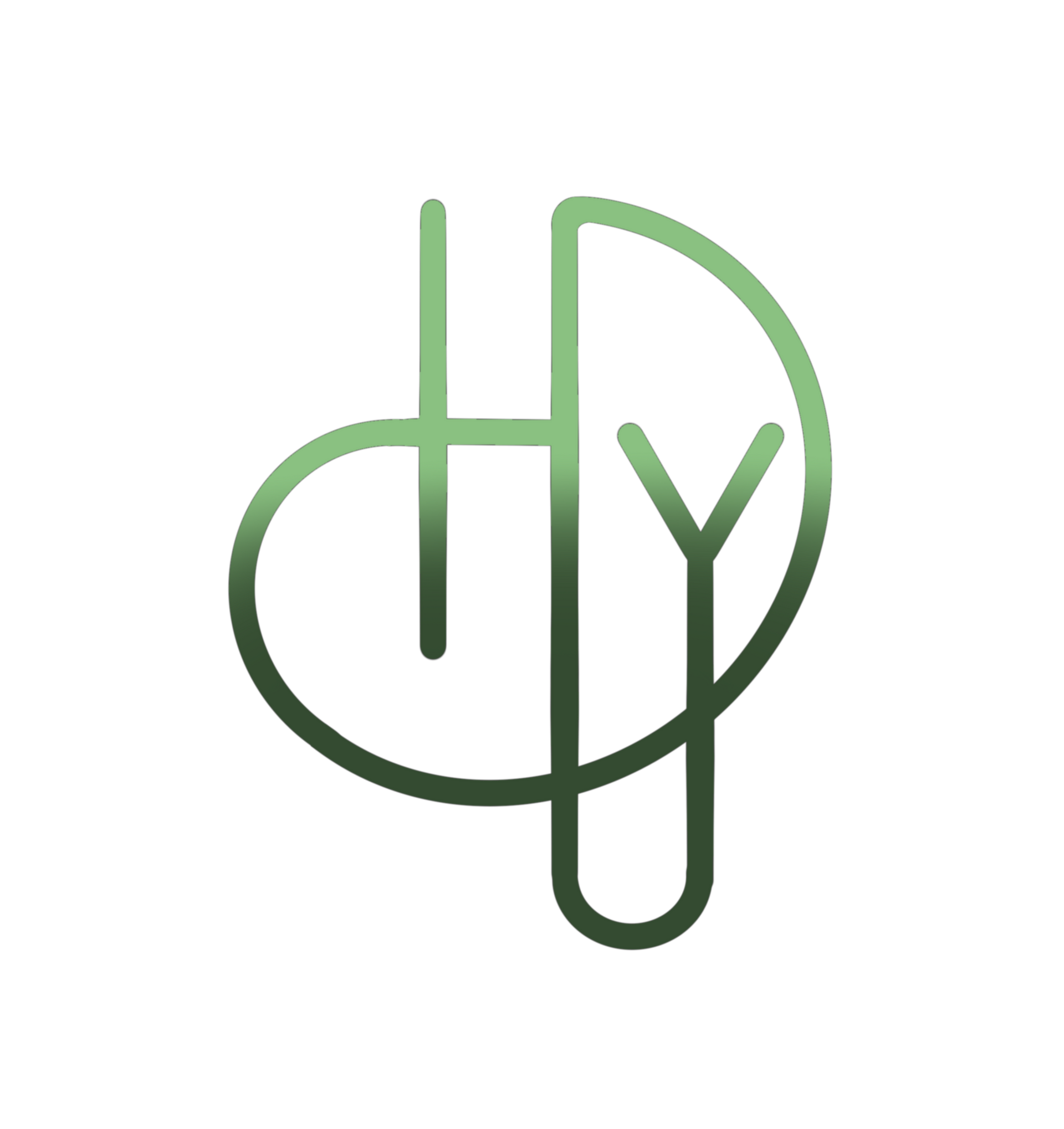 A green line drawing of a tree with leaves on a white background.