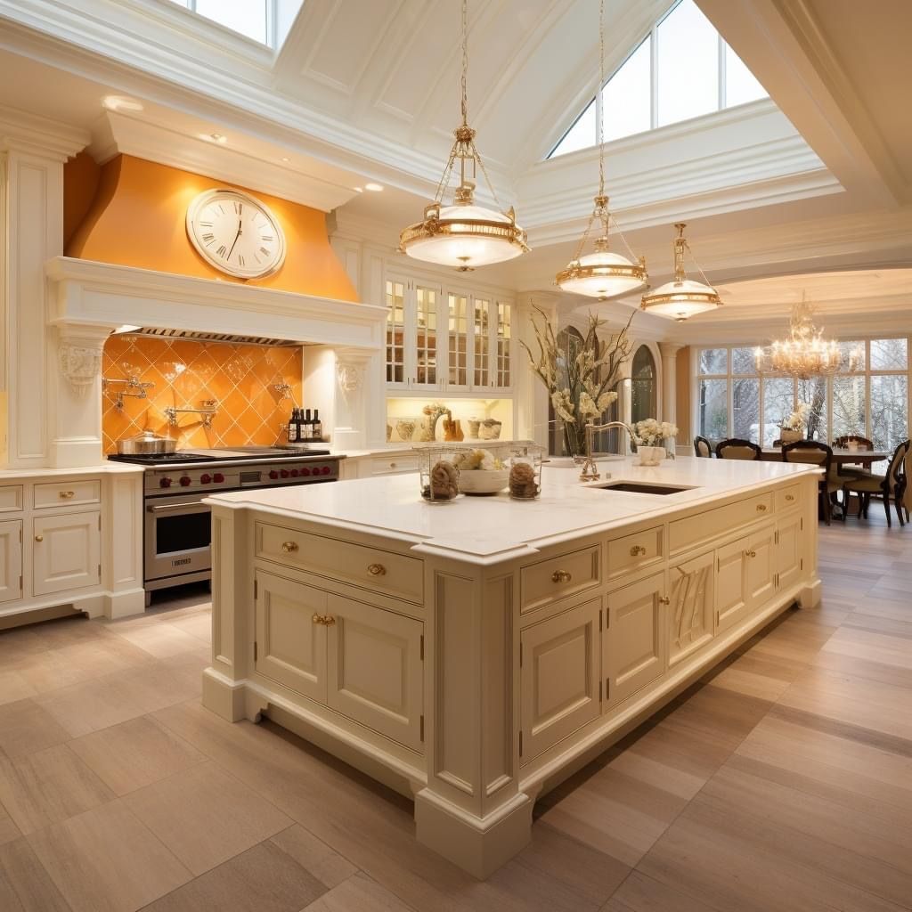 Luxurious white kitchen with a large central island, elegant brass fixtures, and skylight windows illuminating the space