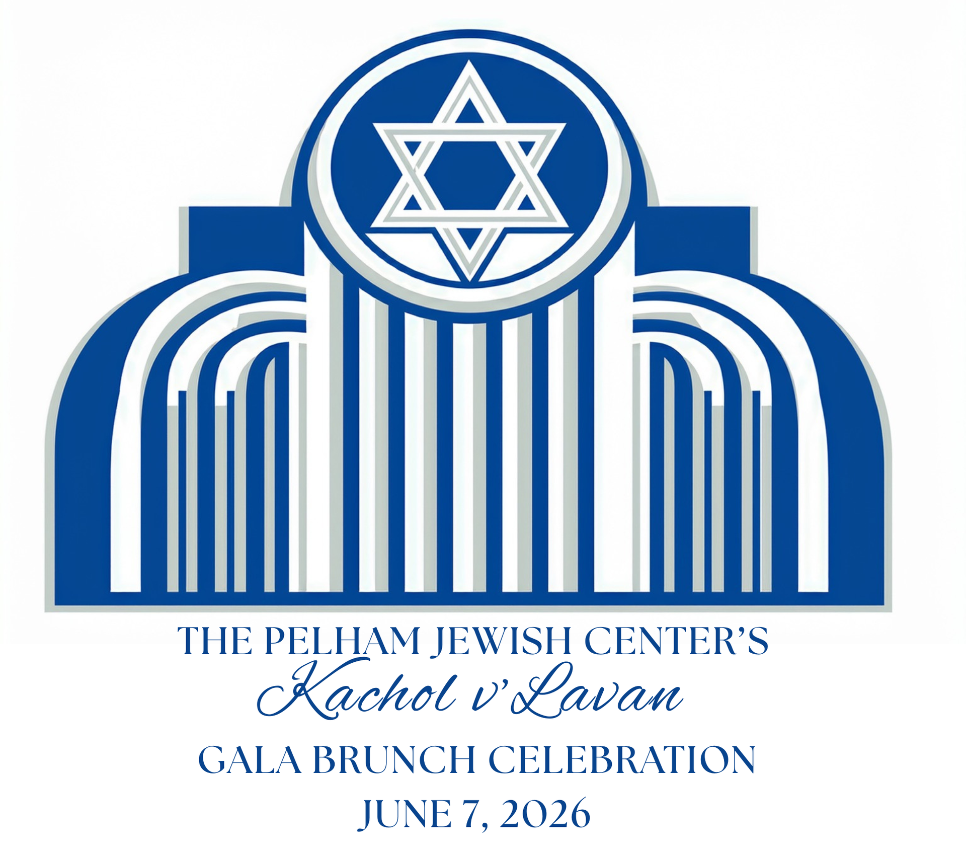 Logo for The Pelham Jewish Center’s Kachol v’Lavan Gala Brunch Celebration on June 7, 2026, featuring a blue Star of David.