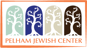 Logo for the Pelham Jewish Center featuring four stylized trees in arched frames above the center's name.