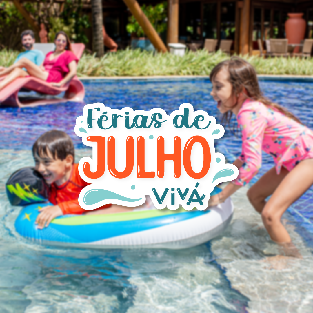 Duas crianças brincam em uma piscina com as palavras ferias de julho viva