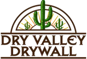 Logo of Dry Valley Drywall: a cactus over a desert scene in a brown arch, brown text below.