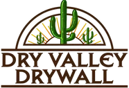 Logo of Dry Valley Drywall: a cactus over a desert scene in a brown arch, brown text below.