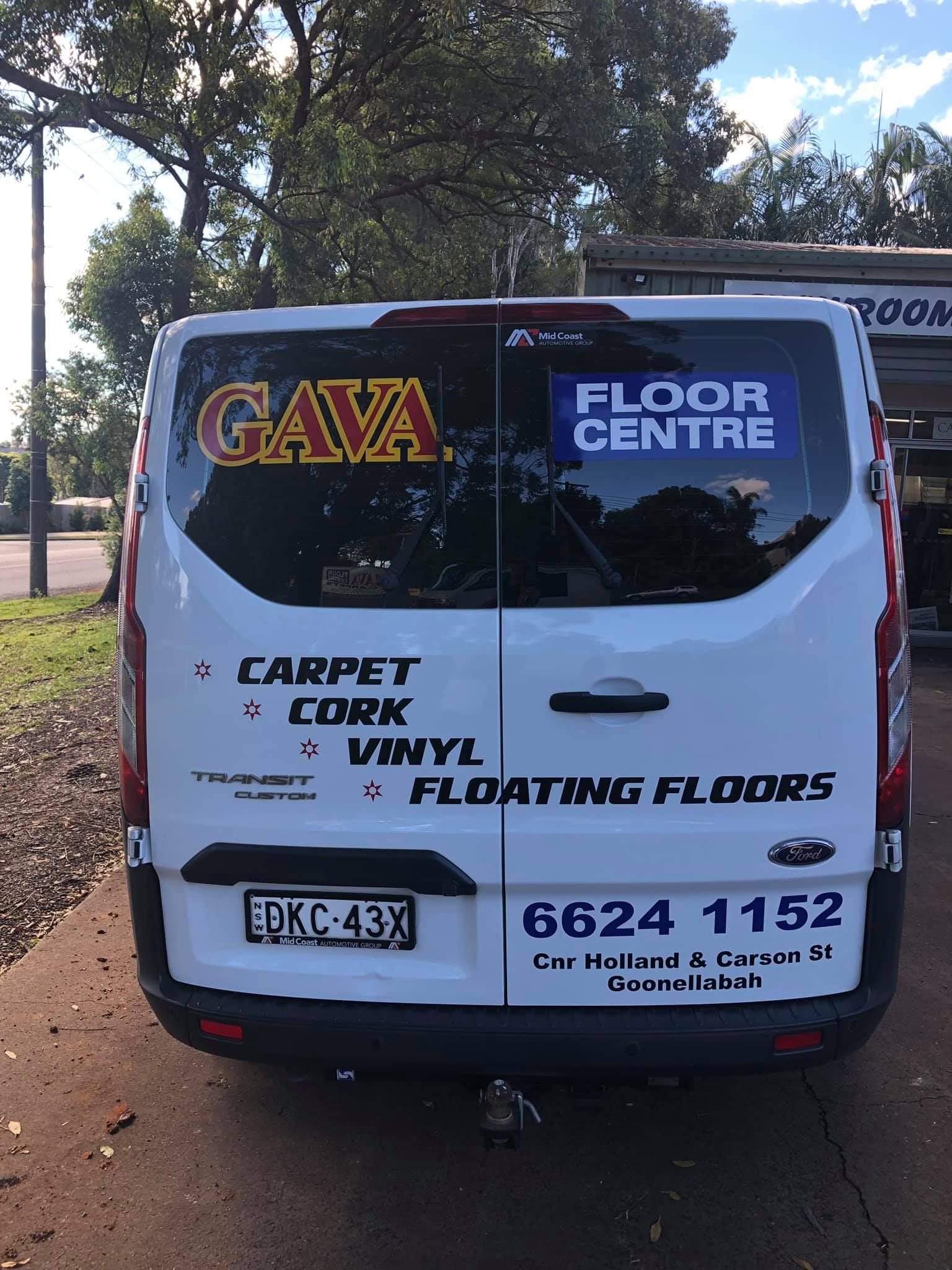 White van with business logos: Gava Floor Centre. Services include carpet, cork, vinyl, and floating floors. Phone number: 6624 1152.