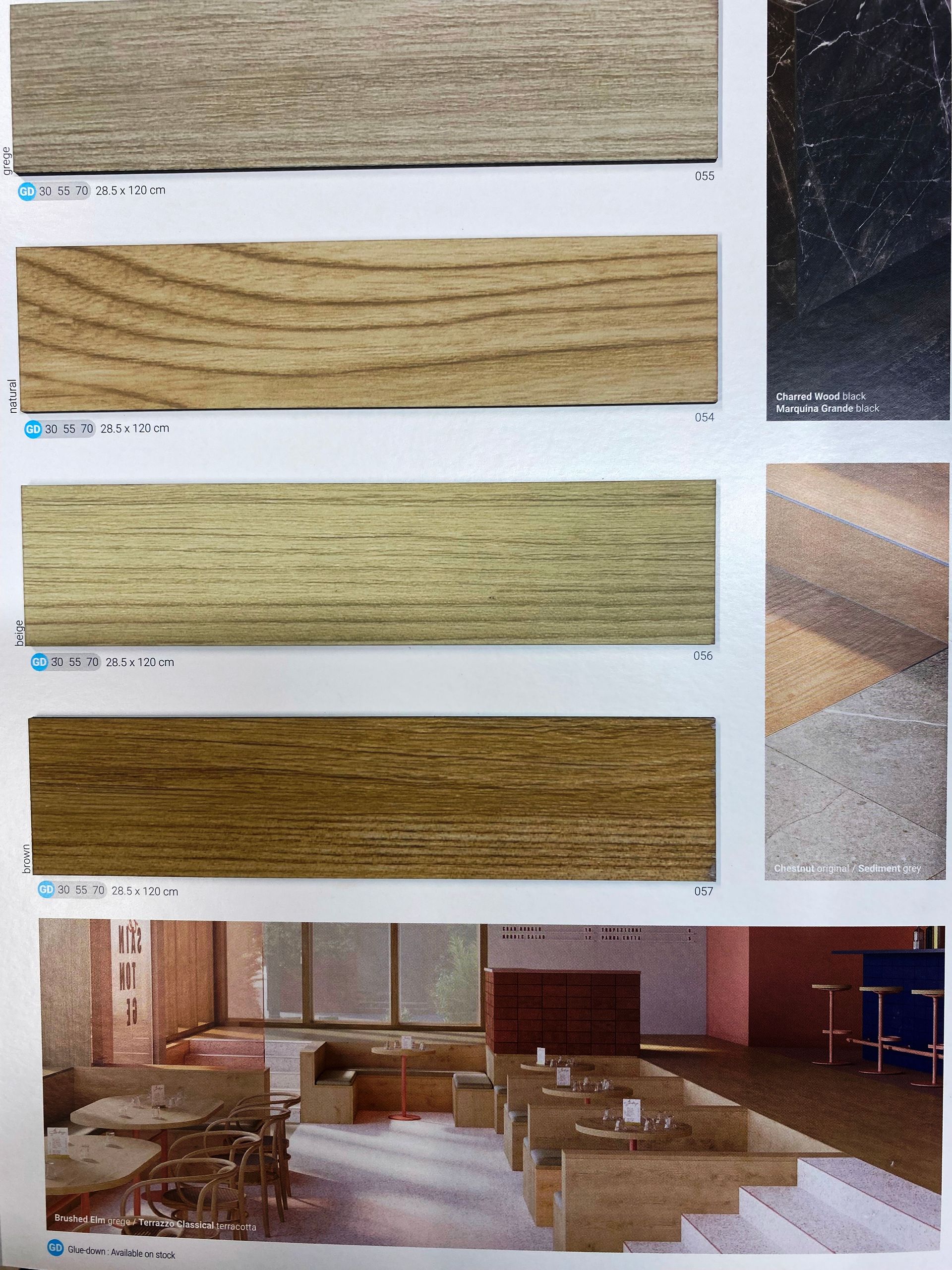 Wood flooring samples in various shades: light brown, tan, and dark brown. A finished room with wood flooring and furniture.