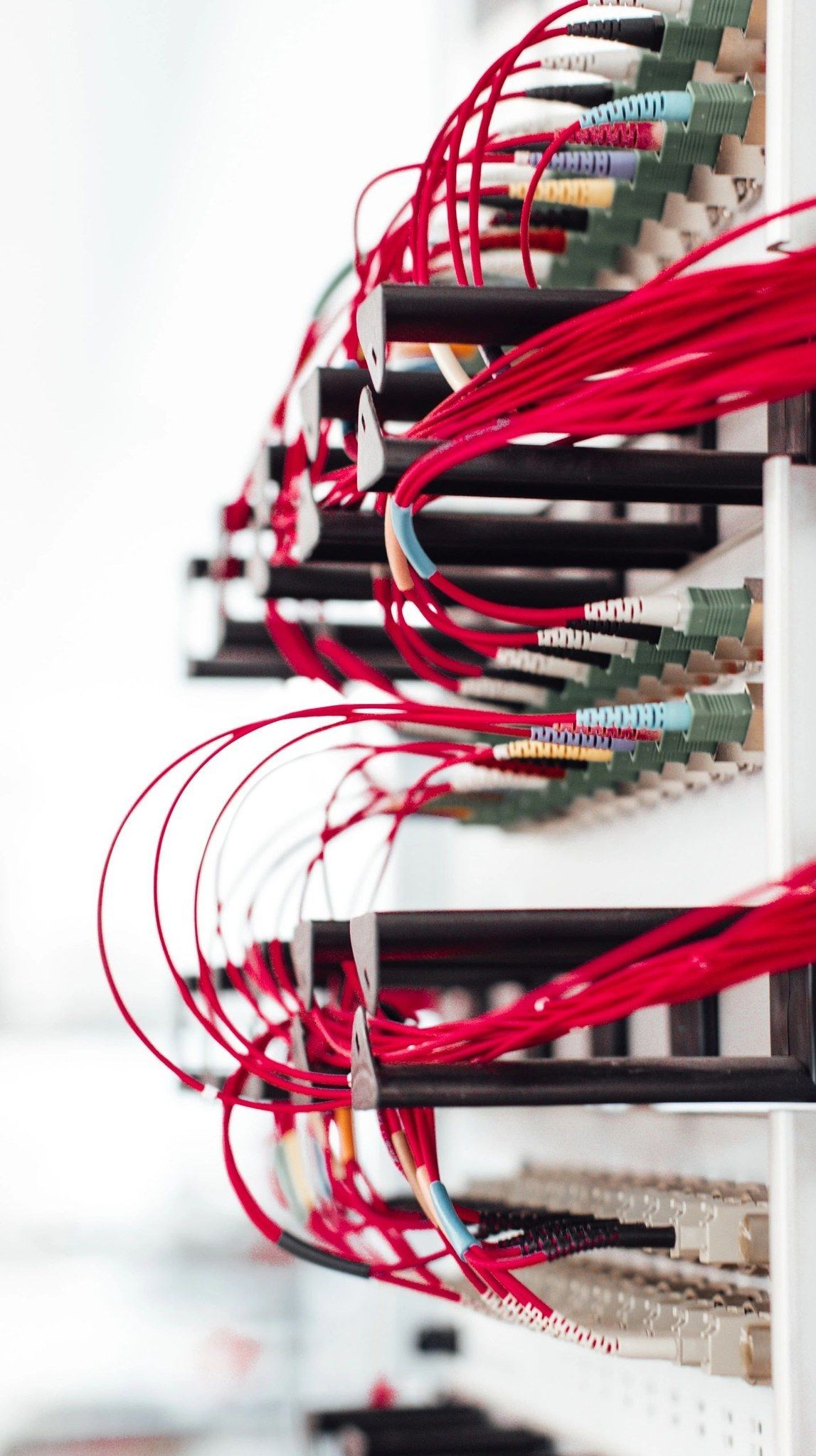 Red wires connected to electronic components in a rack.
