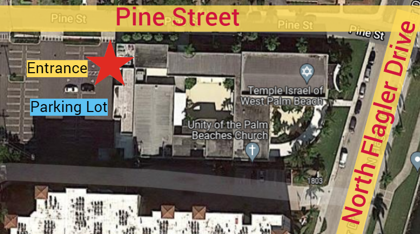 Aerial view map of Temple Israel, parking lot, and nearby streets, labeled Pine Street and North Flagler Drive.
