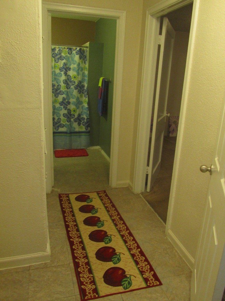 A hallway with a rug that has apples on it