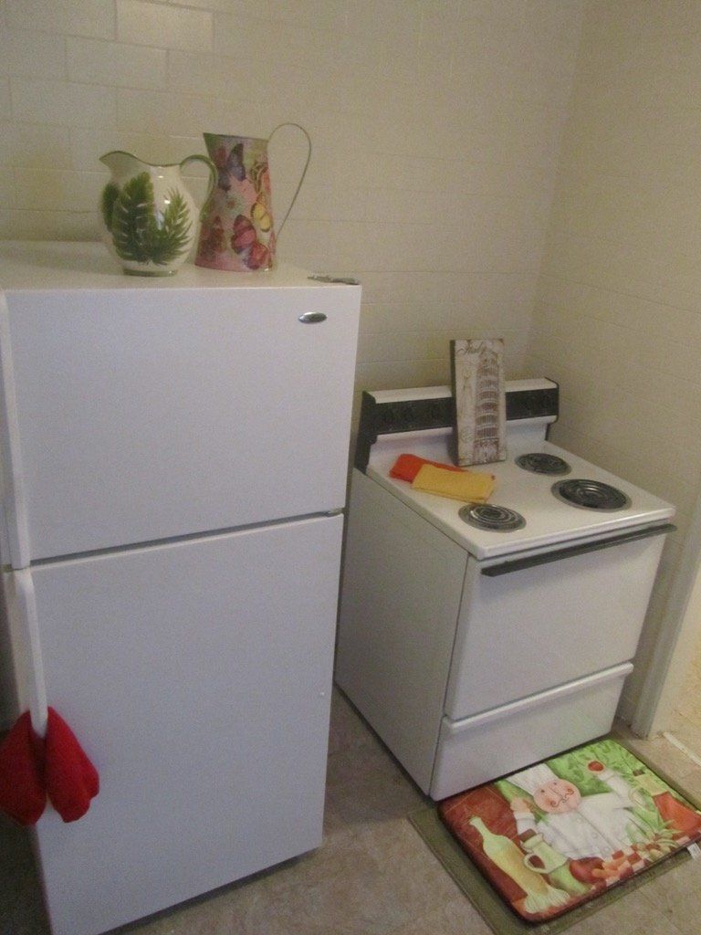 A white refrigerator and stove in a kitchen with a rug on the floor.