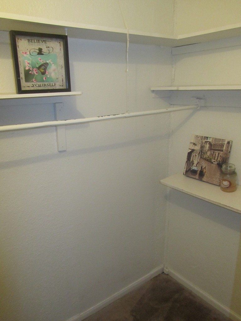 A walk in closet with shelves and a picture on the shelf.