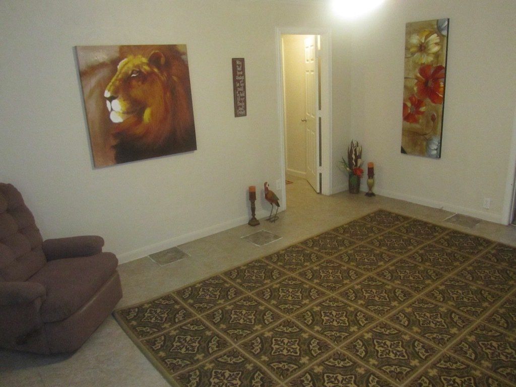A living room with a lion painting on the wall and a rug