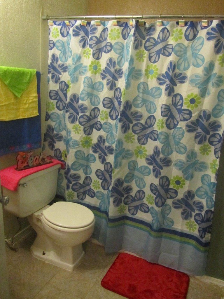 A bathroom with a toilet and a shower curtain with butterflies on it