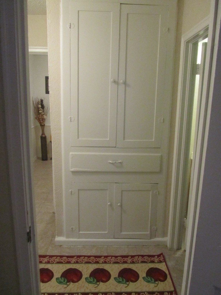 A hallway with a white cabinet and a rug with apples on it.
