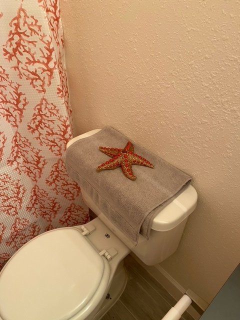 A toilet with a starfish on top of it